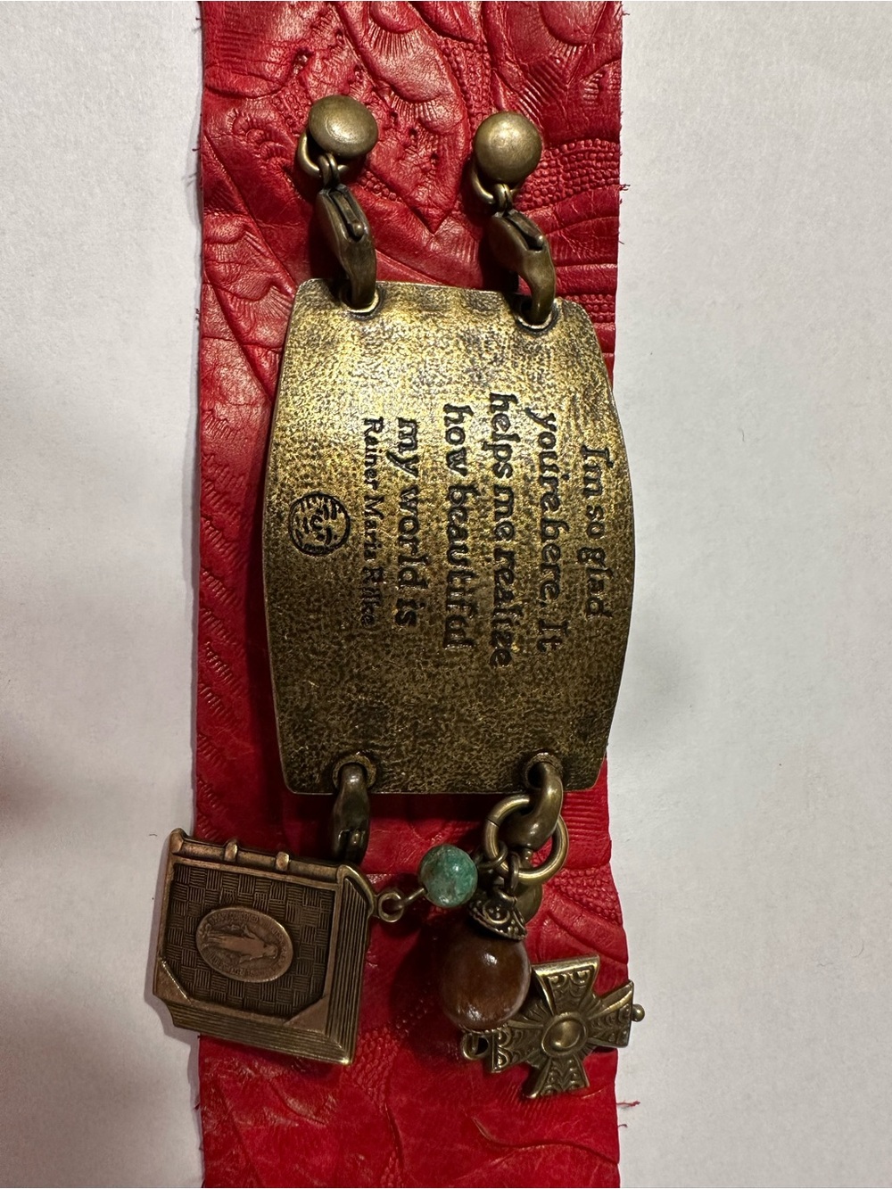 Lenny & Eva Red Leather cuff Bracelet with Antique Brass Plate and Charms